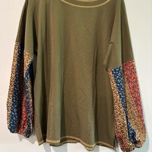 Belle Boho By Kim Gravel Olive Green Patchwork Sleeve Top